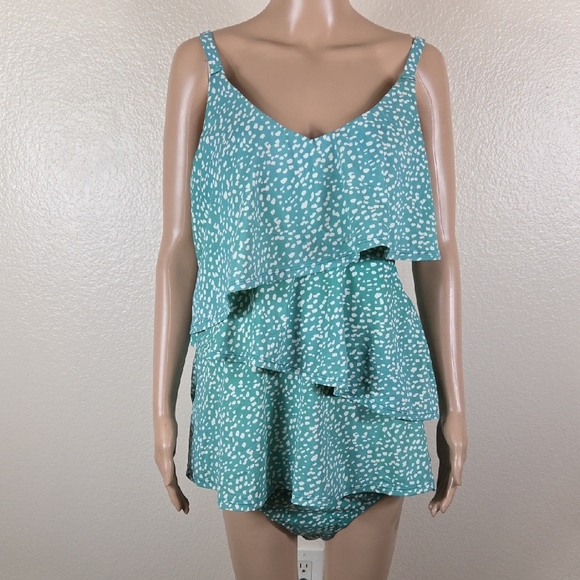 Cacique Other - Cacique Teal & Cream Ruffled Tankini & High Wiasted Swim Suit